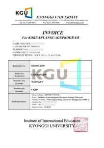 Invoice từ trường Kyonggi của học viên SKHub
